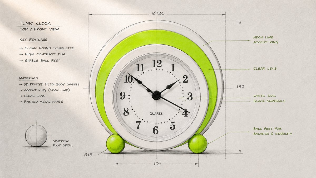 Tunio clock — annotated design sketch with dimensions and materials